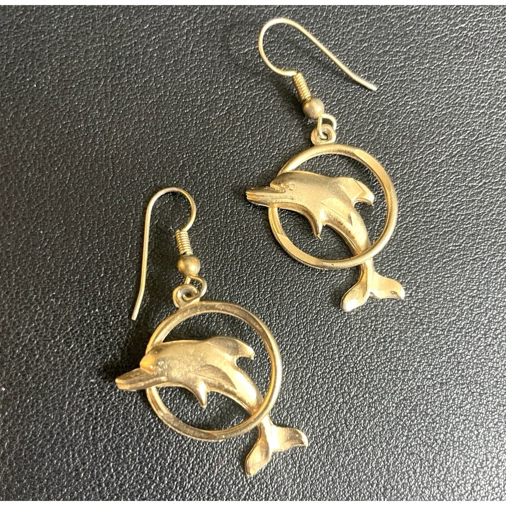 Vintage Dolphin Dangle Earrings Gold Tone Drop Hoop Charm